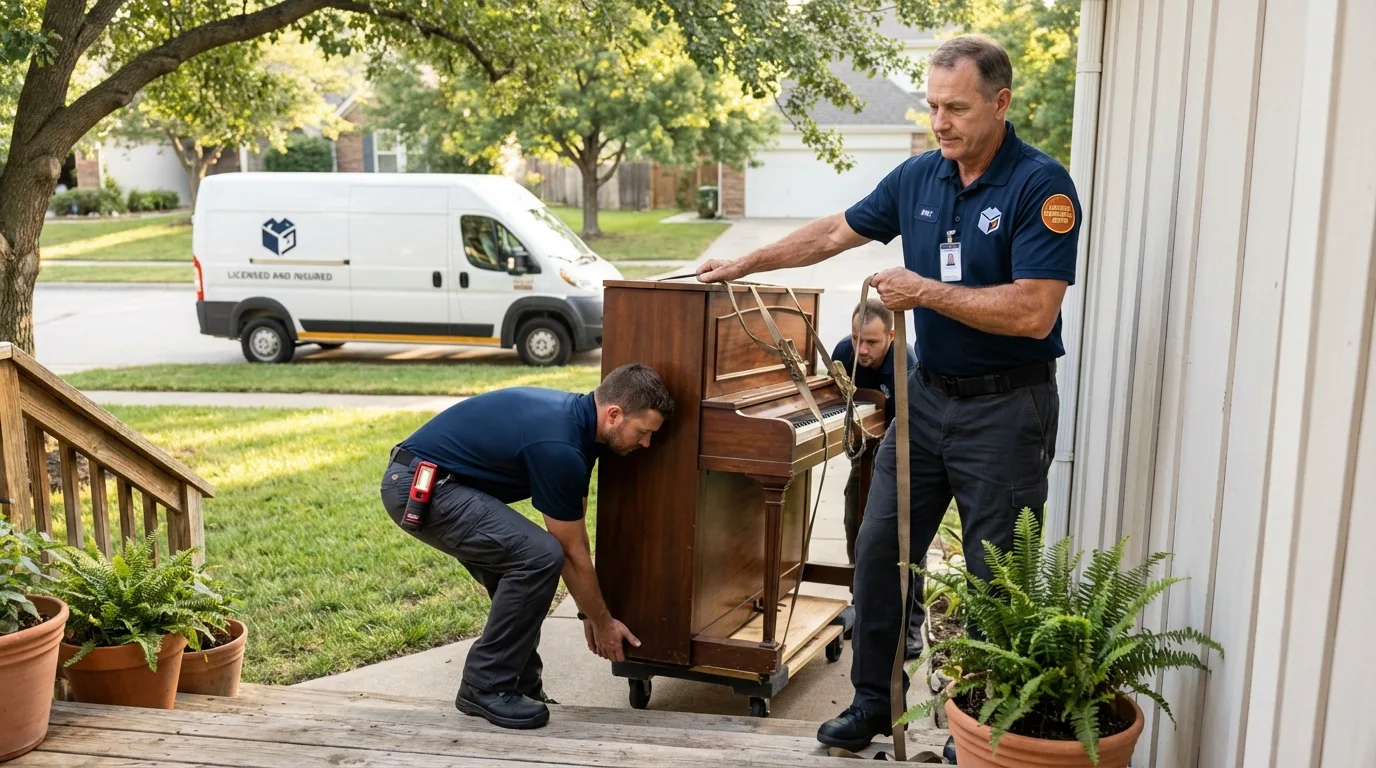 Licensed piano movers securing grand piano in Oskaloosa, KS