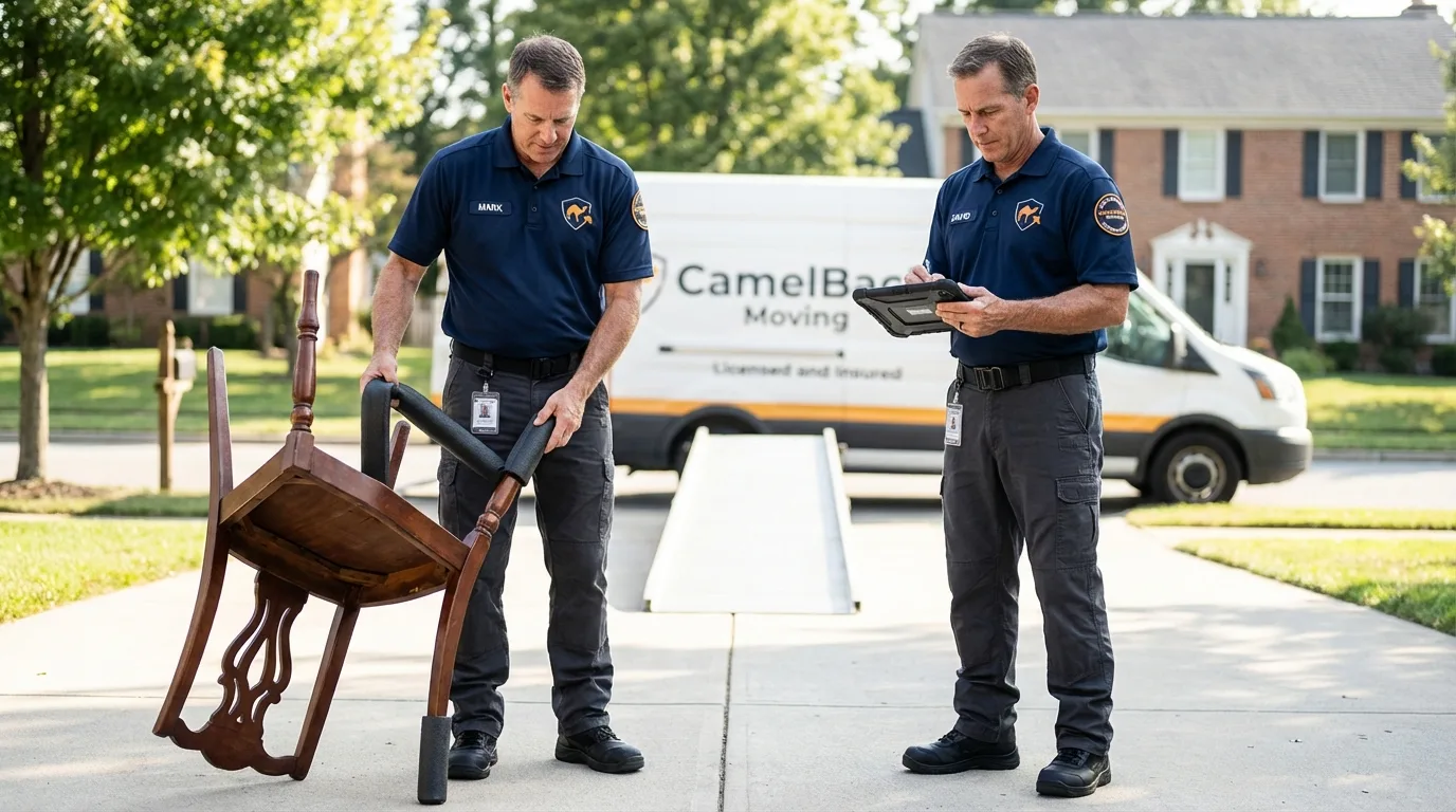Movers inspecting furniture for damage prevention before loading in Oskaloosa, KS