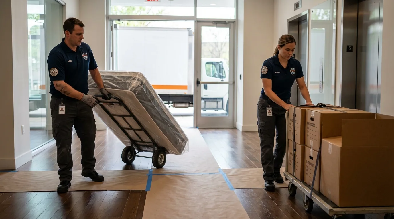 Professional apartment movers loading elevator in Oskaloosa, KS