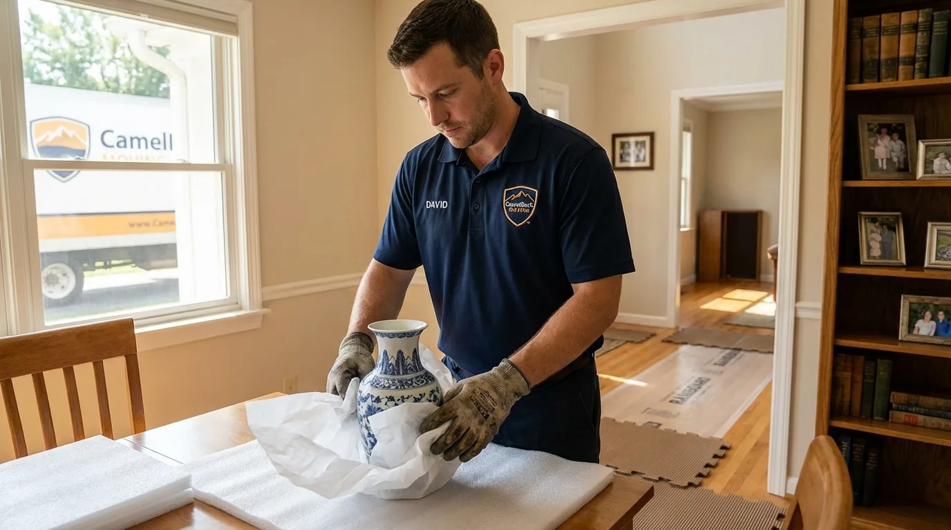 Professional crew carefully wrapping antique vase for senior downsizing move in Oskaloosa, KS
